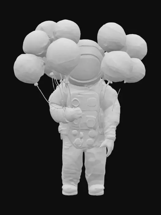 3D model for a bouquet of balloons shaped like the nine planets in the solar system. with the strings of the bouquet being held by a detailed astronaut. the planet-shaped balloons are saturn, earth, mars, venus, pluto, uranus, neptune, mercury, jupiter, and they float above the head of the astronaut