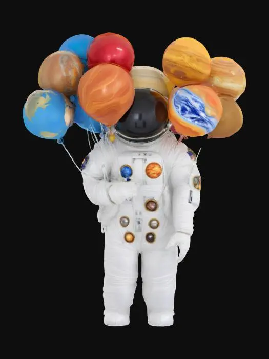 3D model for a bouquet of balloons shaped like the nine planets in the solar system. with the strings of the bouquet being held by a detailed astronaut. the planet-shaped balloons are saturn, earth, mars, venus, pluto, uranus, neptune, mercury, jupiter, and they float above the head of the astronaut