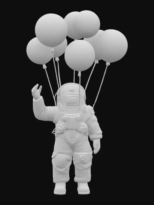 3D model for a bundle of glowing, vibrant cosmic balloons that are shaped like planets, moons, and stars and are on thick strings bunched together and being held in the upwardly extended left hand of a realistic, meticulously detailed and textured astronaut wearing a black space suit with dark chrome and teal accents
