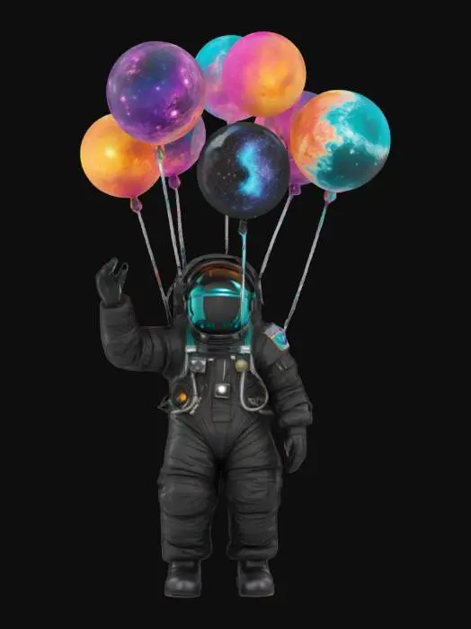 3D model for a bundle of glowing, vibrant cosmic balloons that are shaped like planets, moons, and stars and are on thick strings bunched together and being held in the upwardly extended left hand of a realistic, meticulously detailed and textured astronaut wearing a black space suit with dark chrome and teal accents