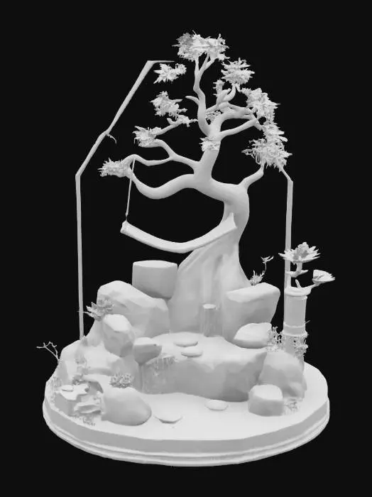 3D model for a small bonsai tree with a mini hammock and a tall mountain three-tiered waterfall flowing into a turquoise miniature stream running through it and glowing mini rocks all within a geometric enclosure