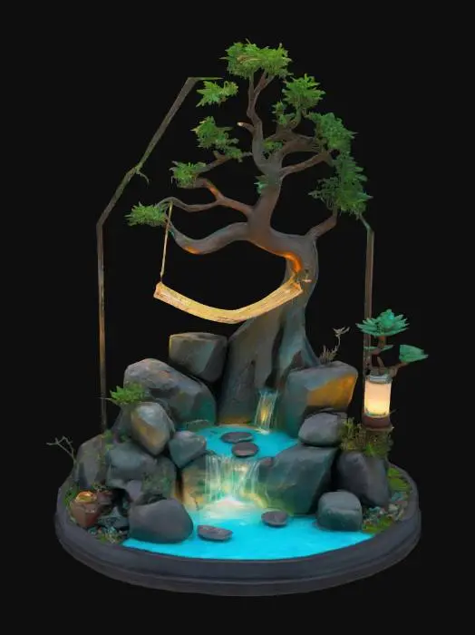 3D model for a small bonsai tree with a mini hammock and a tall mountain three-tiered waterfall flowing into a turquoise miniature stream running through it and glowing mini rocks all within a geometric enclosure