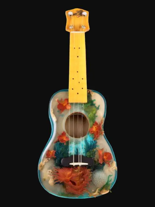 3D model for [Hawaii] a meticulously detailed ocean-themed ukulele with the body as a transparent resin “aquarium”, #AroundTheWorld#