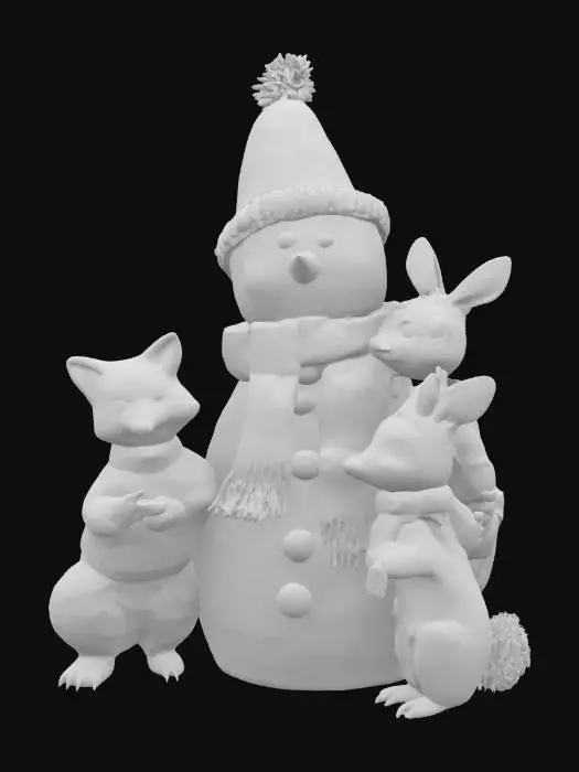 3D model for [Scandinavia], #AroundTheWorld#, a snowman surrounded by woodland animal characters in scandinavian sweaters, Animal Crossing