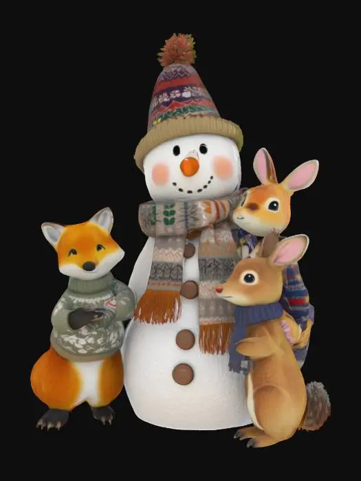 3D model for [Scandinavia], #AroundTheWorld#, a snowman surrounded by woodland animal characters in scandinavian sweaters, Animal Crossing
