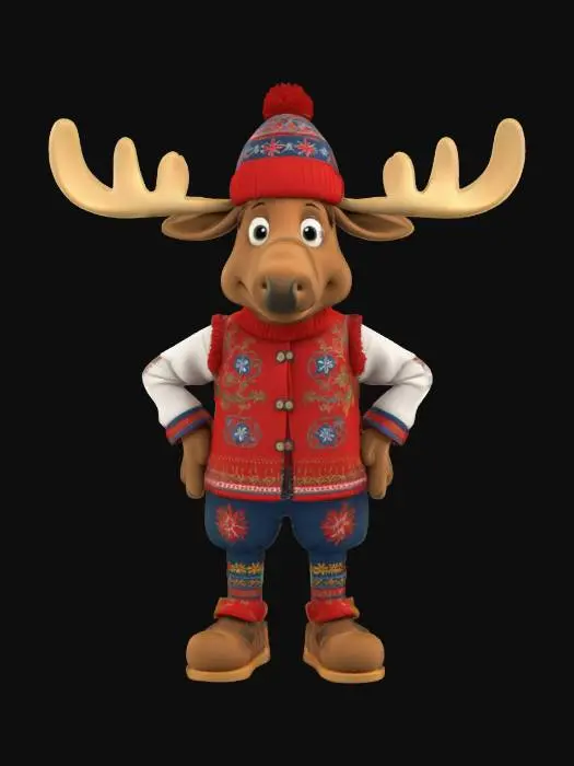 3D model for [Norway] Full Body, Moose cartoon character wearing traditional norwegian clothing, Highly Detailed,  #AroundTheWorld#