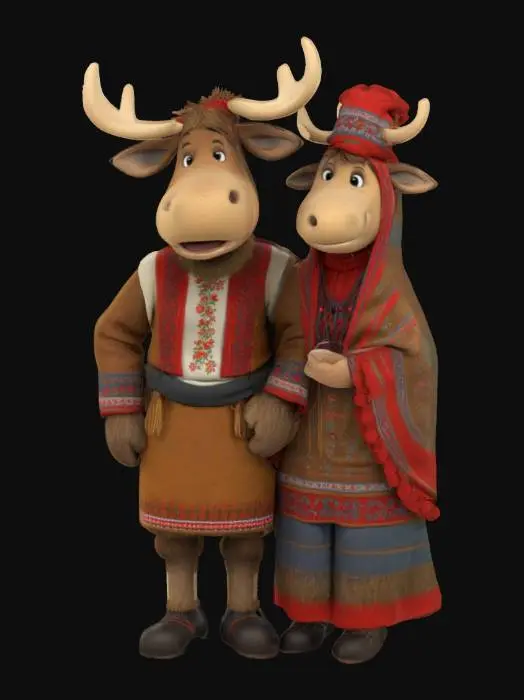 3D model for [Norway] Full Body, Moose cartoon character male and female wearing traditional norwegian clothing, Highly Detailed,  #AroundTheWorld#