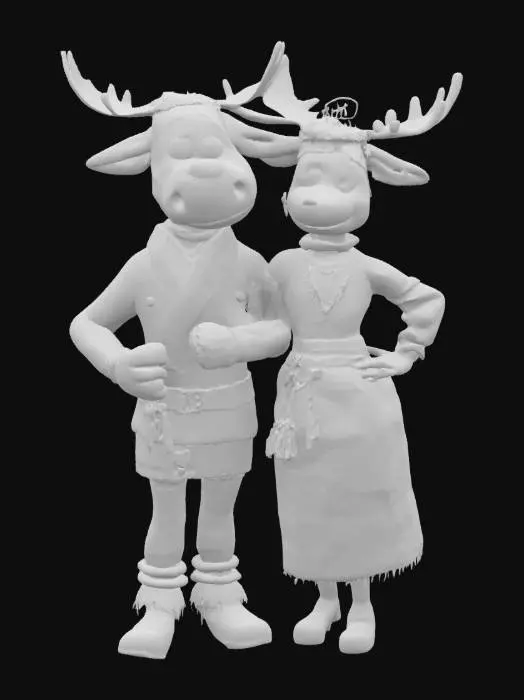 3D model for [Norway] Full Body, Moose cartoon male and female characters wearing traditional norwegian clothing, Highly Detailed,  #AroundTheWorld#