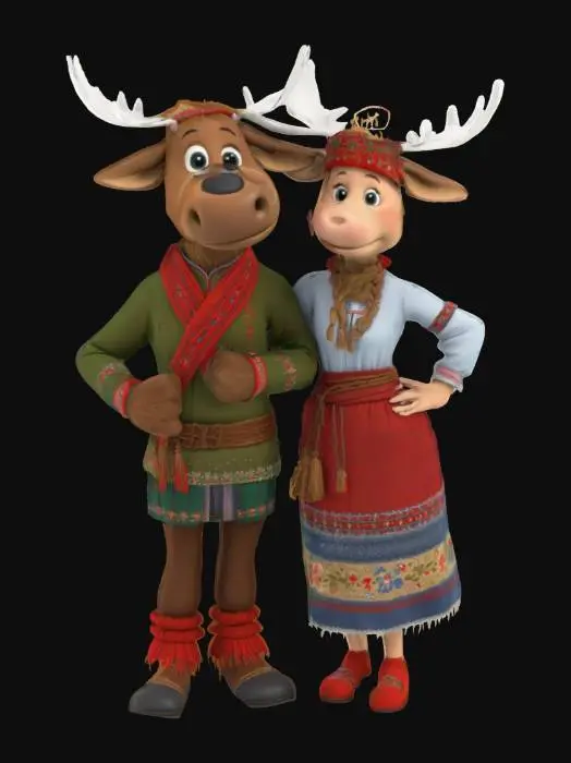 3D model for [Norway] Full Body, Moose cartoon male and female characters wearing traditional norwegian clothing, Highly Detailed,  #AroundTheWorld#