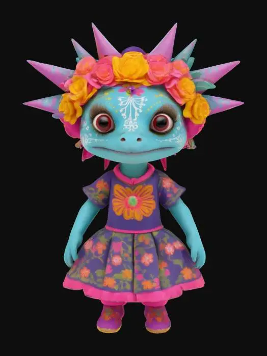 3D model for [Rajasthan] an Axolotl Cartoon Character in a Día de Muertos Outfit, #AroundTheWorld#