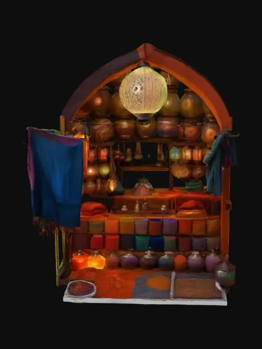 3D model for [Marrakech] a meticulously detailed Marrakech Bazaar vendor booth with bioluminescent textiles and glowing spices, #AroundTheWorld#