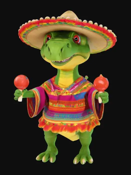 3D model for [Mexico] a dinosaur dancing with maracas wearing a poncho and a sombrero, #AroundTheWorld#