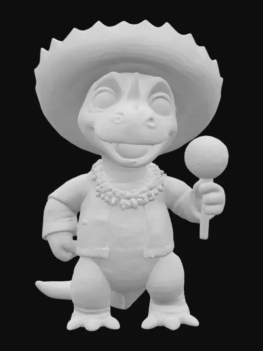 3D model for [Mexico] a colorful, cartoonish mexican triceratops dinosaur, textured with vibrant mexican patterns, wearing a poncho, and equipped with maracas, #AroundTheWorld#