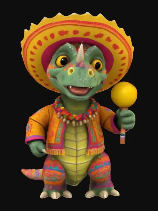 3D model for [Mexico] a colorful, cartoonish mexican triceratops dinosaur, textured with vibrant mexican patterns, wearing a poncho, and equipped with maracas, #AroundTheWorld#