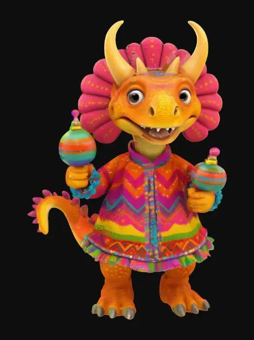 3D model for [Mexico] a colorful, cartoonish mexican triceratops dinosaur, textured with vibrant mexican patterns, wearing a poncho, and equipped with maracas, #AroundTheWorld#