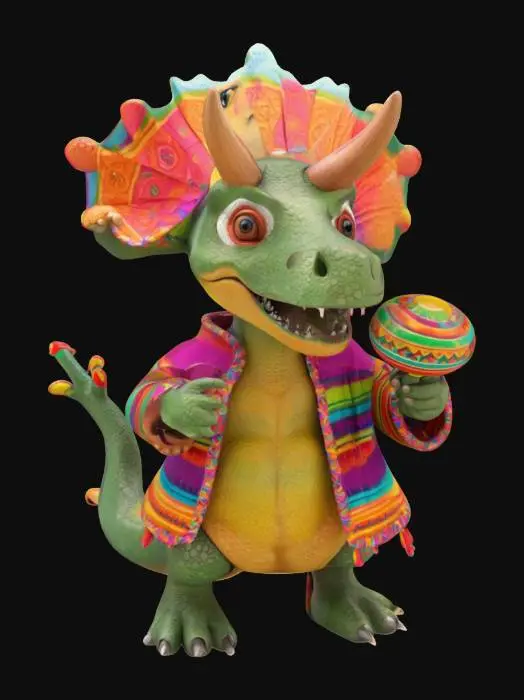 3D model for [Mexico] a colorful, cartoonish mexican triceratops dinosaur, textured with vibrant mexican patterns, wearing a poncho, and equipped with maracas, #AroundTheWorld#