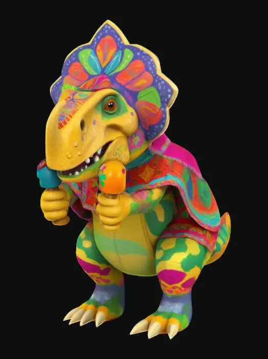 3D model for [Mexico] a colorful, cartoonish mexican triceratops dinosaur, textured with vibrant mexican patterns, wearing a poncho, and equipped with maracas, #AroundTheWorld#