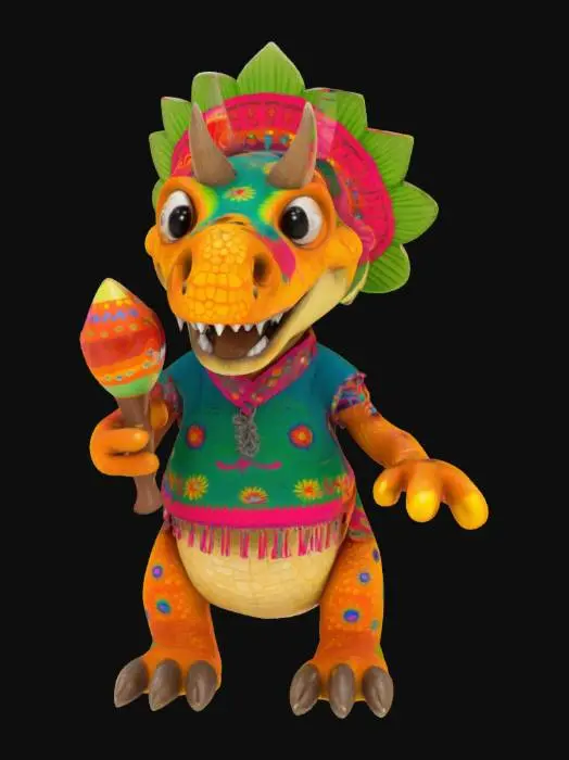 3D model for [Mexico] a colorful, cartoonish mexican triceratops dinosaur, textured with vibrant mexican patterns, wearing a poncho, and equipped with maracas, #AroundTheWorld#