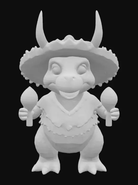 3D model for [Mexico] a colorful, cartoonish mexican triceratops dinosaur, textured with vibrant mexican patterns, wearing a poncho, and equipped with maracas, #AroundTheWorld#