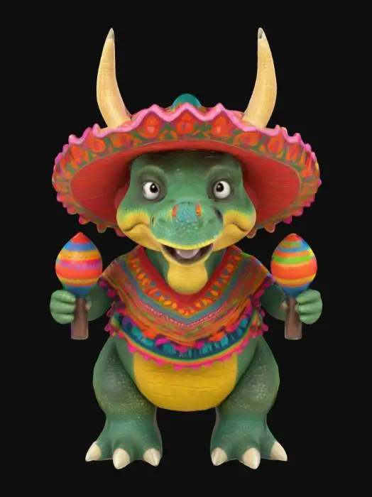 3D model for [Mexico] a colorful, cartoonish mexican triceratops dinosaur, textured with vibrant mexican patterns, wearing a poncho, and equipped with maracas, #AroundTheWorld#