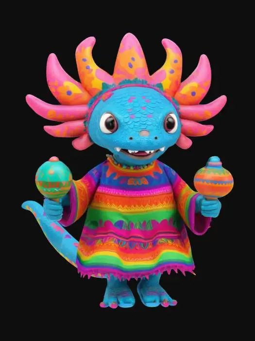 3D model for [Mexico] a colorful, cartoonish mexican axolotl, textured with vibrant mexican patterns, wearing a poncho, and equipped with maracas, #AroundTheWorld#