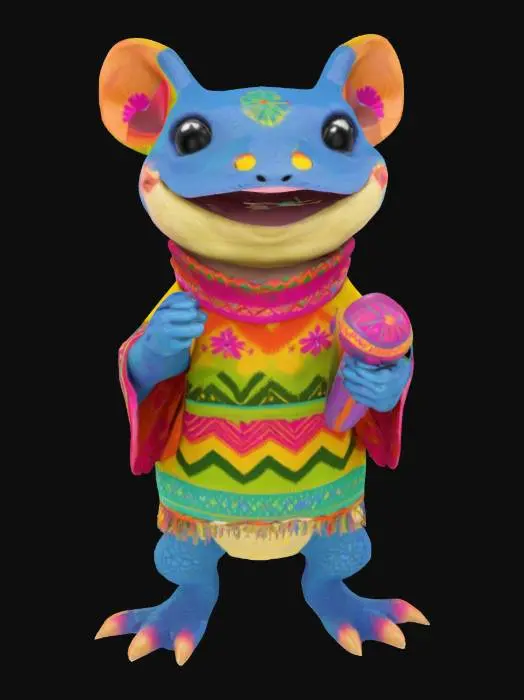 3D model for [Mexico] a colorful, cartoonish mexican axolotl, textured with vibrant mexican patterns, wearing a poncho, and equipped with maracas, #AroundTheWorld#