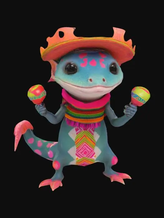 3D model for [Mexico] a colorful, cartoonish mexican axolotl, textured with vibrant mexican patterns, wearing a poncho, and equipped with maracas, #AroundTheWorld#
