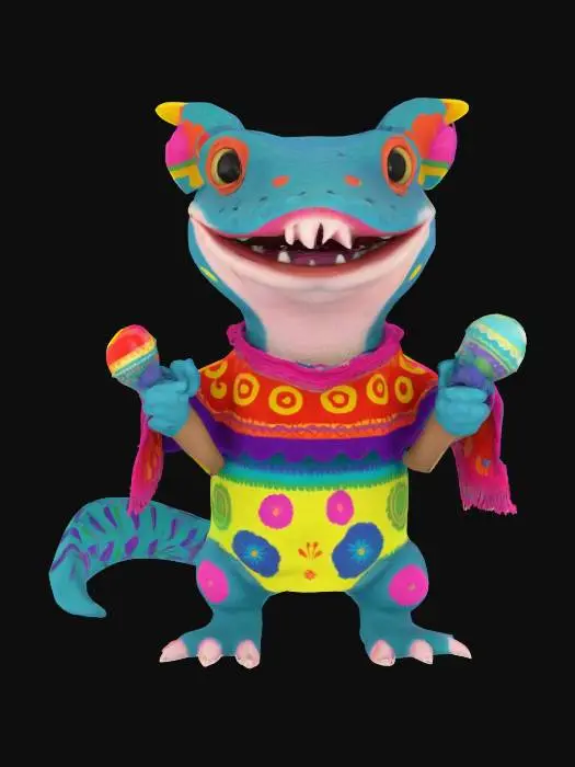 3D model for [Mexico] a colorful, cartoonish mexican axolotl, textured with vibrant mexican patterns, wearing a poncho, and equipped with maracas, #AroundTheWorld#