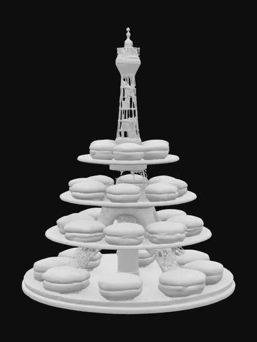 3D model for [France], Highly Detailed, Ultra Realistic, tiered French platters making the shape of the Eiffel Tower with delicious, detailed french pastries on each platter, #AroundTheWorld#