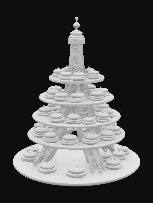 3D model for [France], Highly Detailed, Ultra Realistic, tiered French platters making the shape of the Eiffel Tower with delicious, detailed french pastries on each platter, #AroundTheWorld#