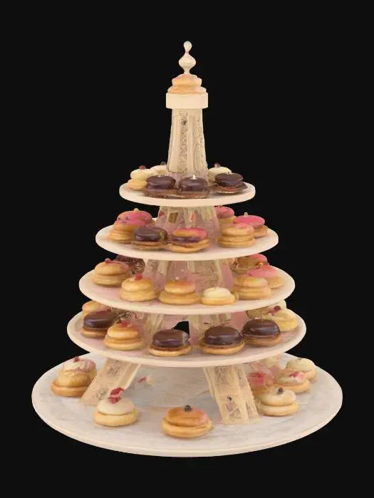 3D model for [France], Highly Detailed, Ultra Realistic, tiered French platters making the shape of the Eiffel Tower with delicious, detailed french pastries on each platter, #AroundTheWorld#