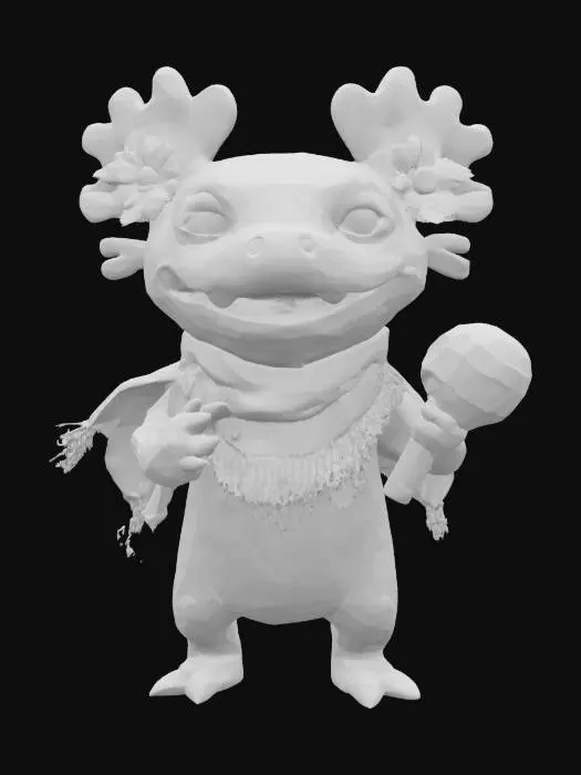 3D model for [Mexico] a colorful, cartoonish mexican axolotl, textured with vibrant mexican patterns, wearing a poncho, and equipped with maracas, #AroundTheWorld#