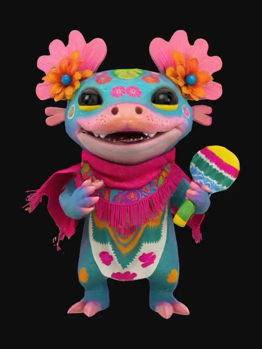 3D model for [Mexico] a colorful, cartoonish mexican axolotl, textured with vibrant mexican patterns, wearing a poncho, and equipped with maracas, #AroundTheWorld#