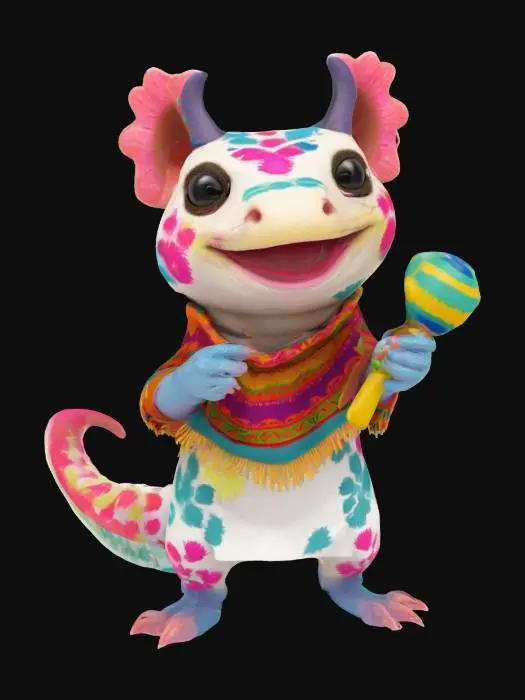 3D model for [Mexico] a colorful, cartoonish mexican axolotl, textured with vibrant mexican patterns, wearing a poncho, and equipped with maracas, #AroundTheWorld#
