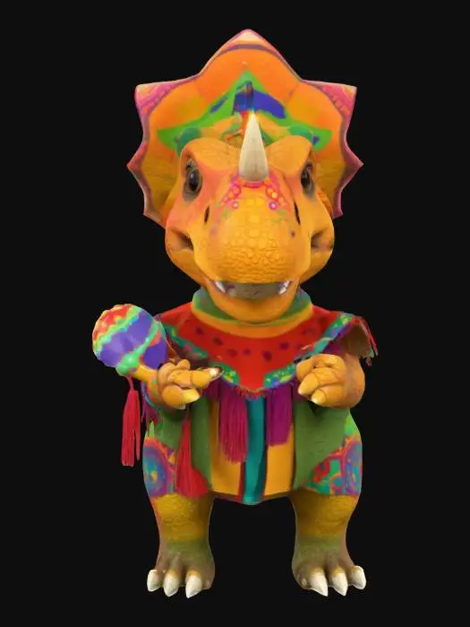 3D model for [Mexico] a colorful, cartoonish mexican triceratops dinosaur, textured with vibrant mexican patterns, wearing a poncho, and equipped with maracas, #AroundTheWorld#