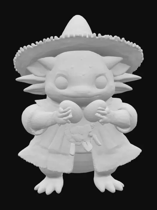 3D model for [Mexico] a colorful, cartoonish mexican axolotl, textured with vibrant mexican patterns, wearing a poncho, and equipped with maracas, #AroundTheWorld#