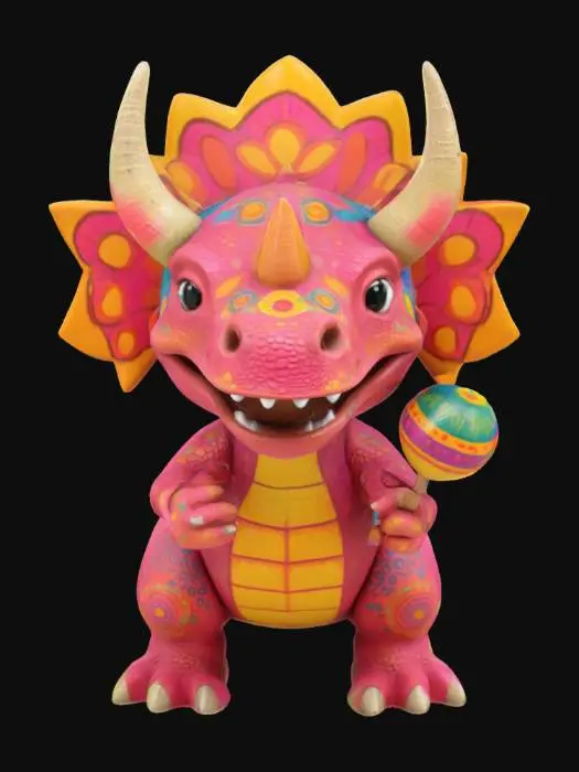 3D model for [Mexico] a colorful, cartoonish triceratops dinosaur, textured with vibrant mexican patterns, and equipped with maracas, #AroundTheWorld#