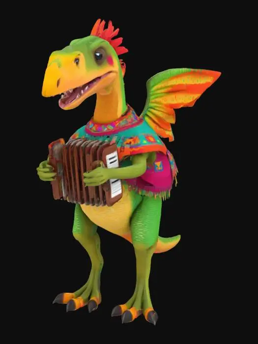 3D model for [Mexico] a colorful, cute, cartoonish pterodactyl dinosaur, wearing a Mexican poncho textured with vibrant mexican patterns, and equipped with an accordian, #AroundTheWorld#