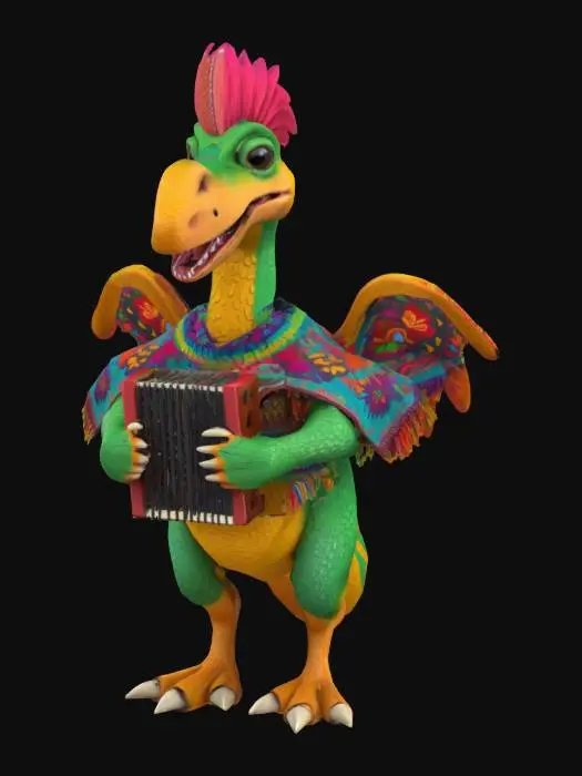 3D model for [Mexico] a colorful, cute, cartoonish pterodactyl dinosaur, wearing a Mexican poncho textured with vibrant mexican patterns, and equipped with an accordian, #AroundTheWorld#