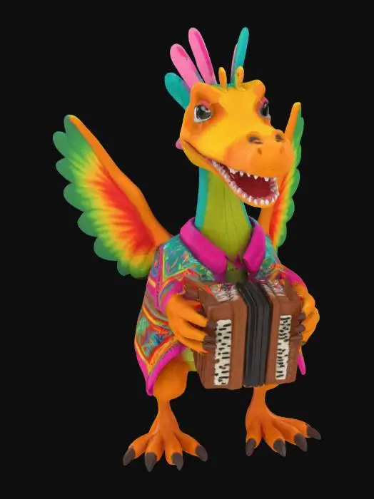 3D model for [Mexico] a colorful, cute, cartoonish pterodactyl dinosaur, wearing a Mexican poncho textured with vibrant mexican patterns, and equipped with an accordian, #AroundTheWorld#