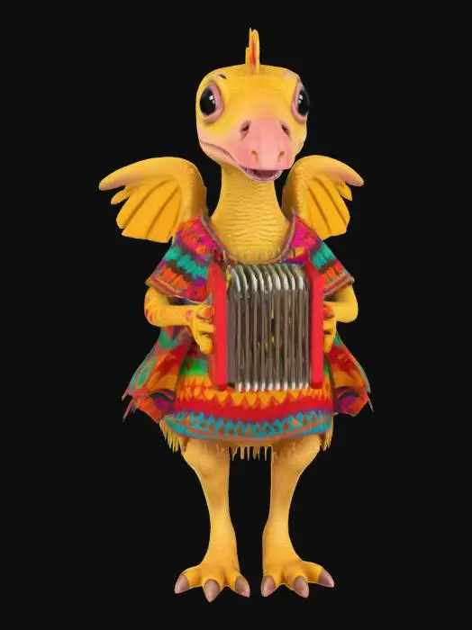 3D model for [Mexico] a colorful, cute, cartoonish pterodactyl dinosaur, wearing a Mexican poncho textured with vibrant mexican patterns, and equipped with an accordian, #AroundTheWorld#