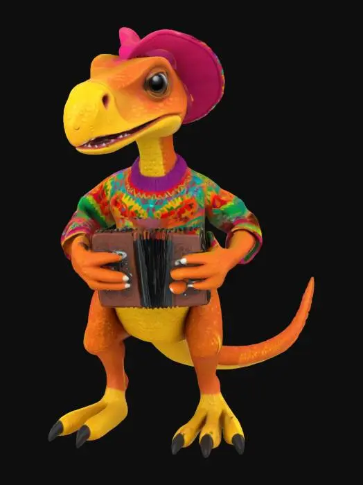 3D model for [Mexico] a colorful, cute, cartoonish pterodactyl dinosaur, wearing a Mexican poncho textured with vibrant mexican patterns, and equipped with an accordian, #AroundTheWorld#