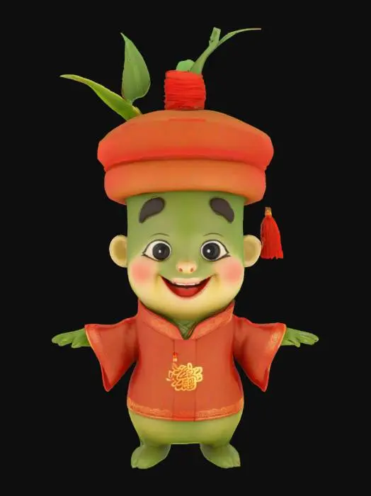 3D model for [China] a cartoonish bamboo shoot character wearing traditional chinese attire, #AroundTheWorld#