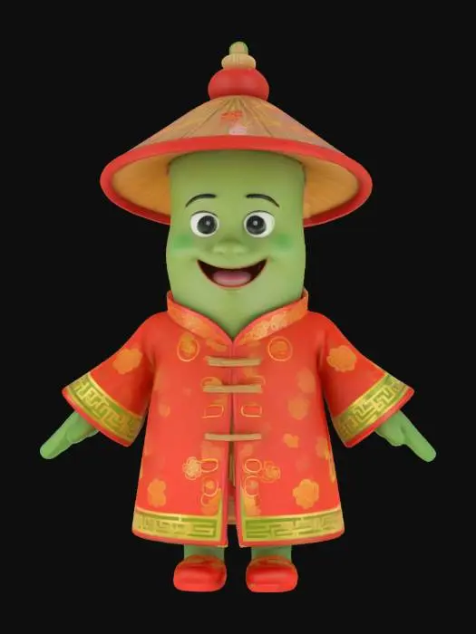 3D model for [China] a cartoonish bamboo shoot character wearing traditional chinese attire, #AroundTheWorld#