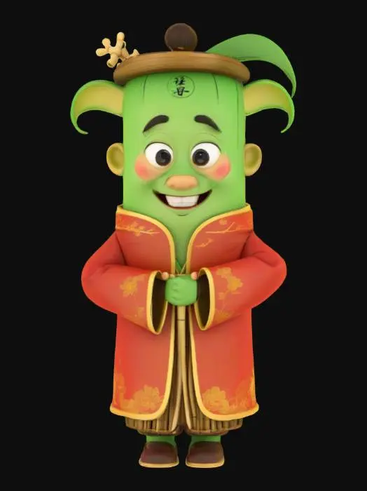 3D model for [China] a cartoonish bamboo character wearing traditional chinese attire, #AroundTheWorld#