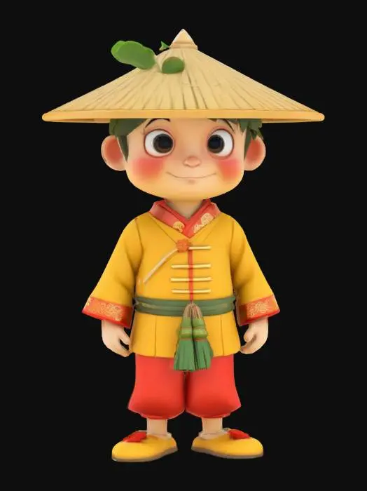 3D model for [China] a cartoonish bamboo shoot character wearing traditional chinese attire, #AroundTheWorld#