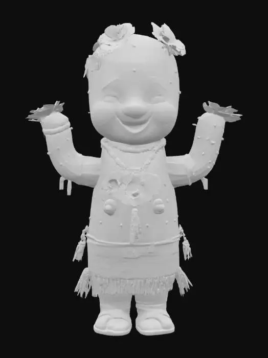 3D model for [Utah], a cartoonish cactus character with blooming flowers, wearing traditional native navajo clothing, textiles, and beads, #AroundTheWorld#