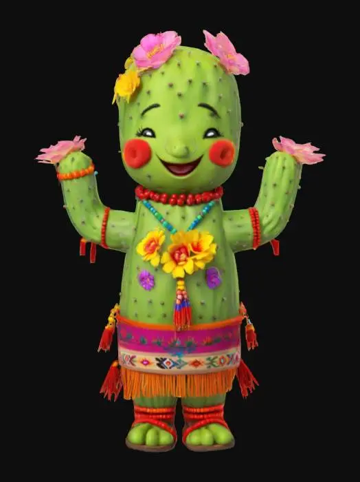 3D model for [Utah], a cartoonish cactus character with blooming flowers, wearing traditional native navajo clothing, textiles, and beads, #AroundTheWorld#