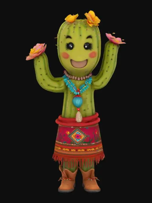 3D model for [Utah], a cartoonish cactus character with blooming flowers, wearing traditional native navajo clothing, textiles, and beads, #AroundTheWorld#