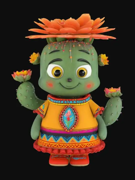 3D model for [Utah], a cartoonish cactus character with blooming flowers, wearing traditional native navajo clothing, textiles, and beads, #AroundTheWorld#